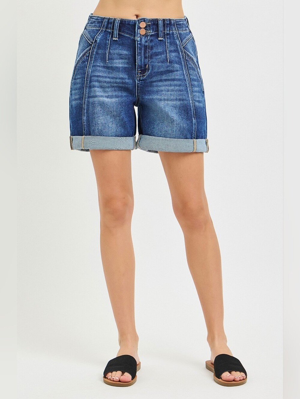 RISEN Dark Wash Double Button Denim Shorts Roll Up Midi Side Seam S M L XL NEW - Picture 7 of 7